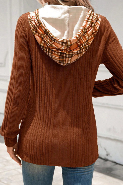 Plaid Patchwork Ribbed Knit Asymmetric Hem Hooded Top